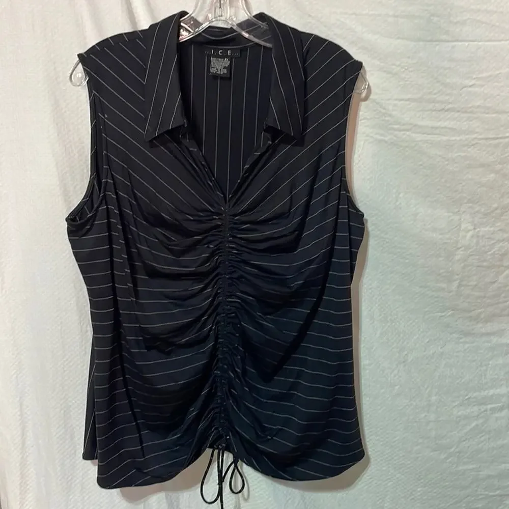 ICE 2x black white stripe adjustable rushing fitted collared top sleeveless euc